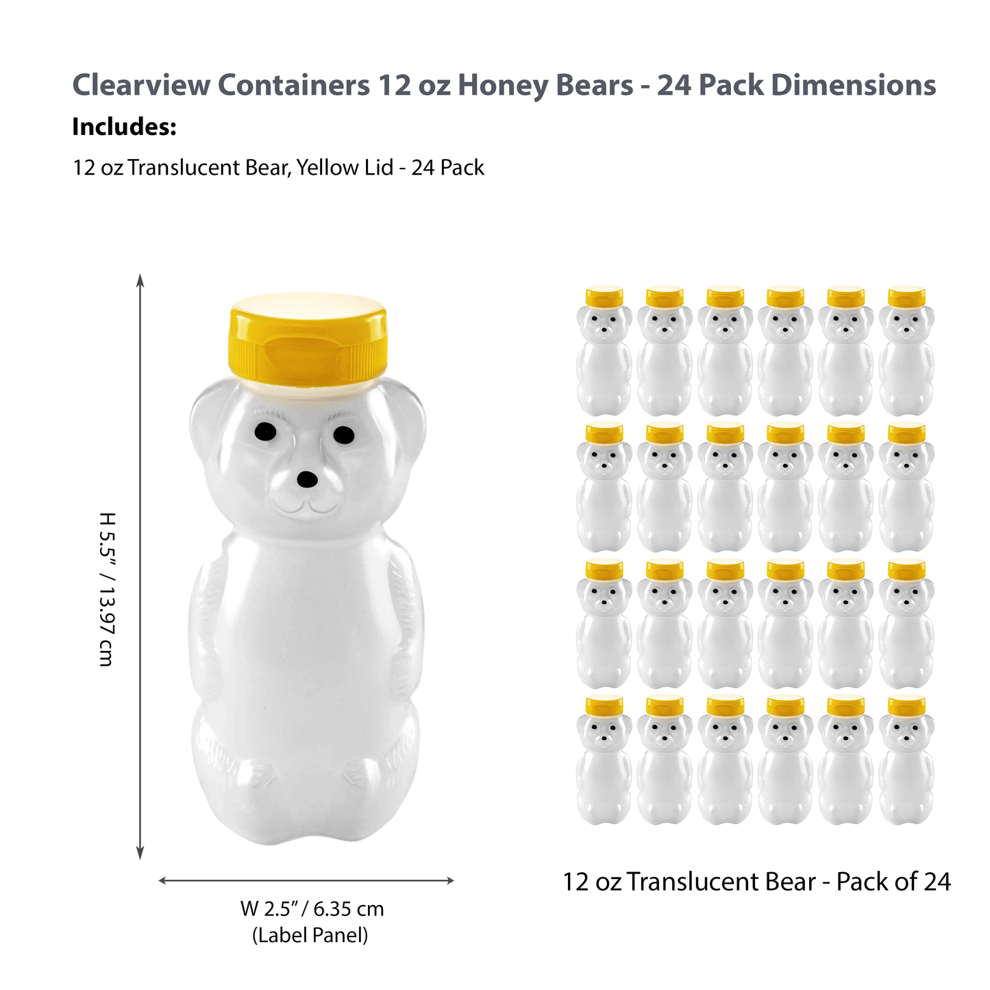 Clearview Containers - 24 Pack of 12 Ounce Cloudy Honey Bears with Sealable Yellow Flip Top Lids (12 oz. Cloudy Bear, 24pk, Yellow)