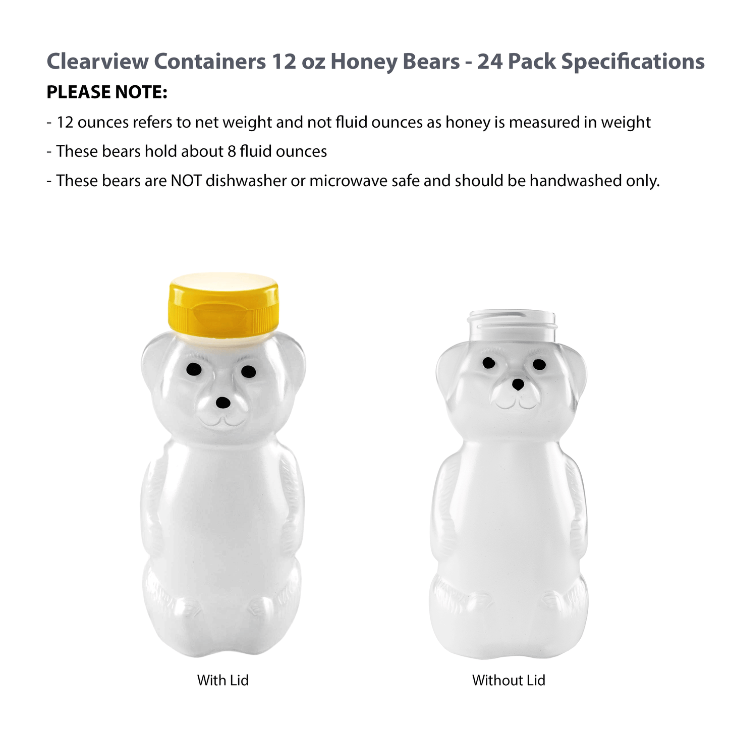 Clearview Containers - 24 Pack of 12 Ounce Cloudy Honey Bears with Sealable Yellow Flip Top Lids (12 oz. Cloudy Bear, 24pk, Yellow)