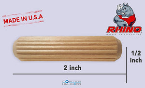 100 Pack 1/2" x 2" Wooden Dowel Pins Wood Kiln Dried Fluted and Beveled, Made of Hardwood in U.S.A.