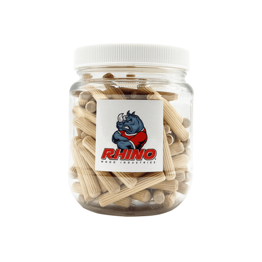 Rhino Wood Industries - 1/4" x 1 1/2" - 100 Pack Wooden Dowel Pins in Plastic Jar - Kiln Dried, Fluted, and Beveled (1/4" x 1 1/2", 100pk, Jar)