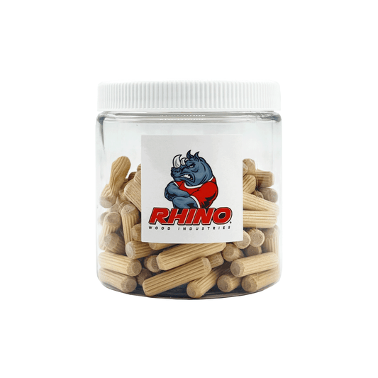 Rhino Wood Industries - 1/4" x 1" - 100 Pack Wooden Dowel Pins in Plastic Jar - Kiln Dried, Fluted, and Beveled (1/4" x 1", 100pk, Jar)