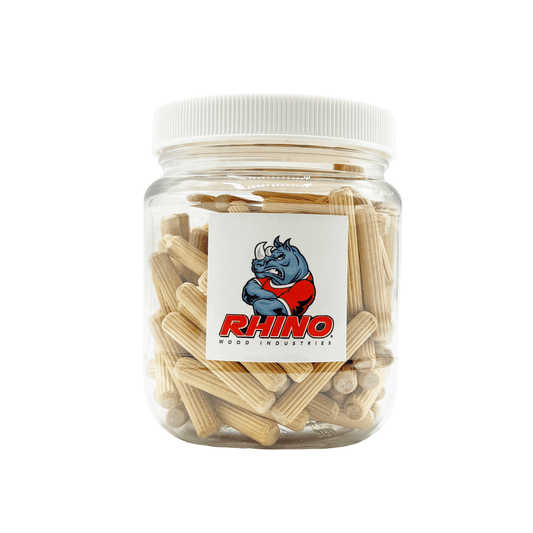 Rhino Wood Industries - 1/4" x 2" - 100 Pack Wooden Dowel Pins in Plastic Jar - Kiln Dried, Fluted, and Beveled (1/4" x 2", 100pk, Jar)
