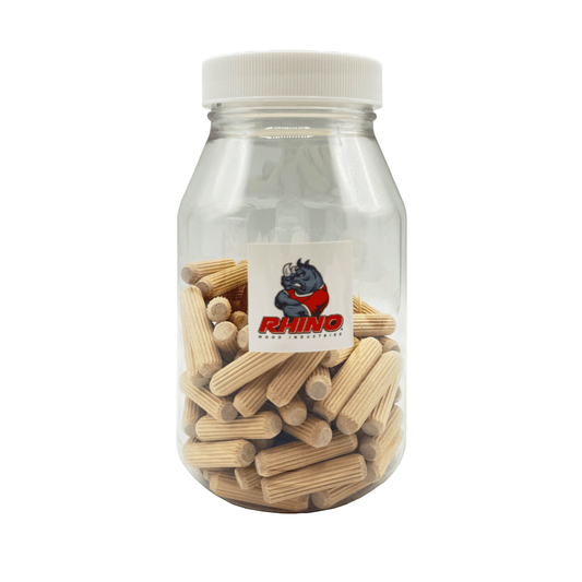 Rhino Wood Industries - 3/8" x 1 1/2" - 100 Pack Wooden Dowel Pins in Plastic Jar - Kiln Dried, Fluted, and Beveled (3/8" x 1 1/2", 100pk, Jar)