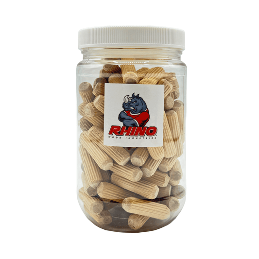 Rhino Wood Industries - 3/8" x 1 1/4" - 100 Pack Wooden Dowel Pins in Plastic Jar - Kiln Dried, Fluted, and Beveled (3/8" x 1 1/4", 100pk, Jar)