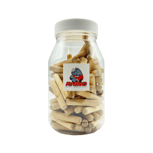 Rhino Wood Industries - 3/8" x 2" - 100 Pack Wooden Dowel Pins in Plastic Jar - Kiln Dried, Fluted, and Beveled (3/8" x 2", 100pk, Jar)