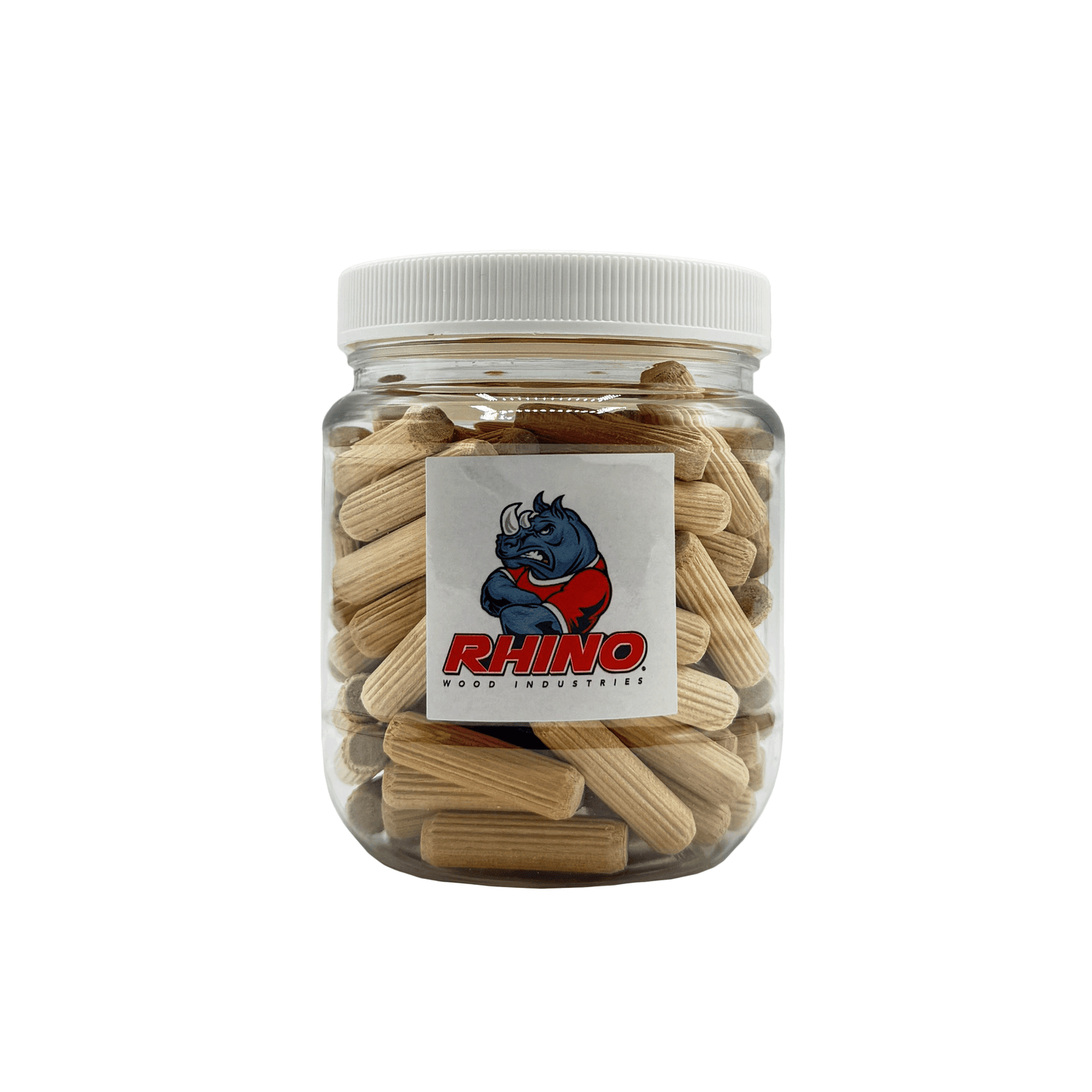 Rhino Wood Industries - 5/16" x 1 3/16" - 100 Pack Wooden Dowel Pins in Plastic Jar - Kiln Dried, Fluted, and Beveled (5/16" x 1 3/16", 100pk, Jar)