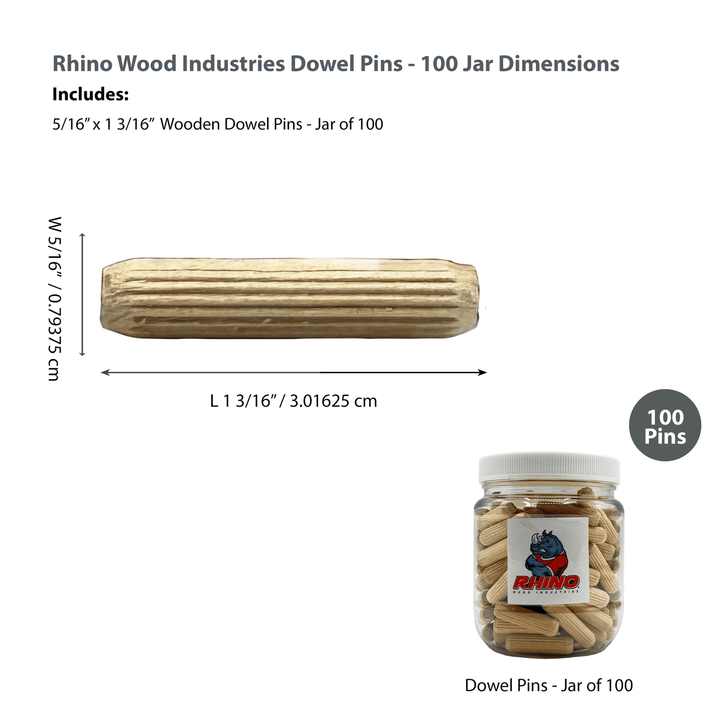Rhino Wood Industries - 5/16" x 1 3/16" - 100 Pack Wooden Dowel Pins in Plastic Jar - Kiln Dried, Fluted, and Beveled (5/16" x 1 3/16", 100pk, Jar)