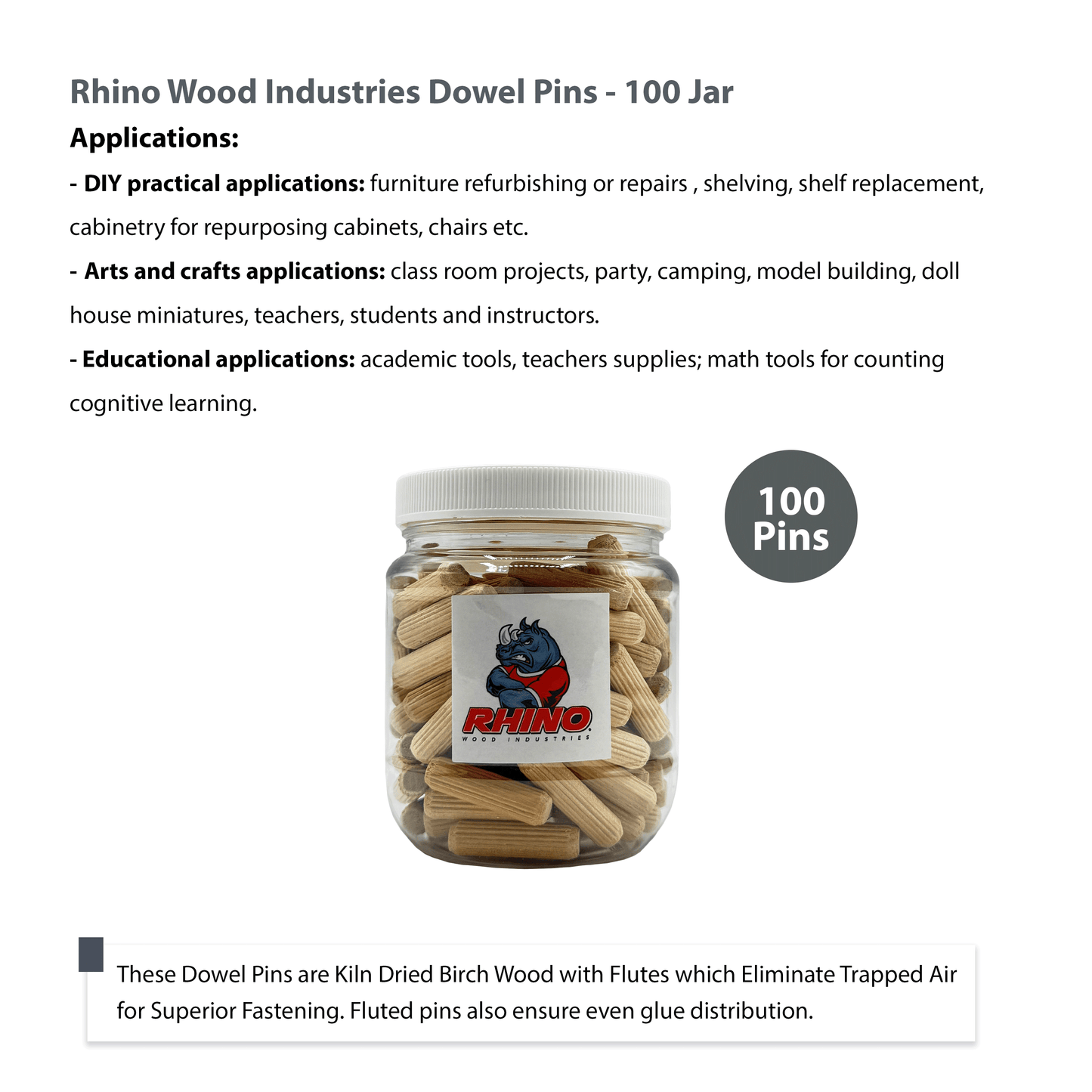 Rhino Wood Industries - 5/16" x 1 3/16" - 100 Pack Wooden Dowel Pins in Plastic Jar - Kiln Dried, Fluted, and Beveled (5/16" x 1 3/16", 100pk, Jar)