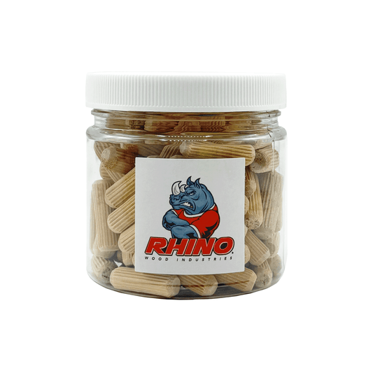 Rhino Wood Industries - 5/16" x 1" - 100 Pack Wooden Dowel Pins in Plastic Jar - Kiln Dried, Fluted, and Beveled (5/16" x 1", 100pk, Jar)