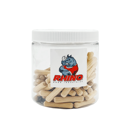 Rhino Wood Industries - 15/64" x 1 1/4" - 100 Pack Wooden Dowel Pins in Plastic Jar - Kiln Dried, Fluted, and Beveled (6mm, 100pk, Jar)