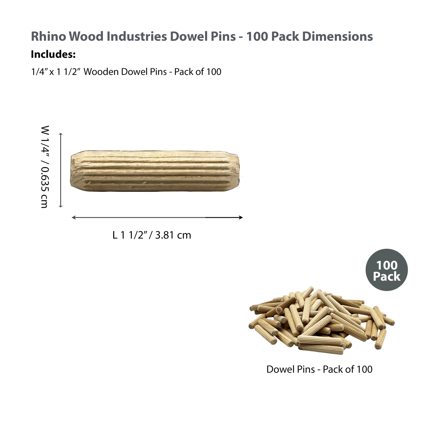 Rhino Wood Industries - 1/4" x 1 1/2" - 100 Pack Wooden Dowel Pins - Kiln Dried, Fluted, and Beveled (1/4" x 1 1/2", 100pk)