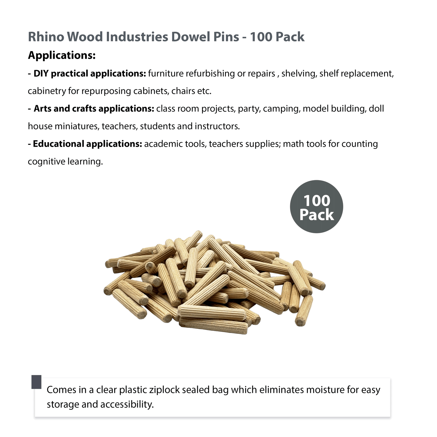 Rhino Wood Industries - 1/4" x 1 1/2" - 100 Pack Wooden Dowel Pins - Kiln Dried, Fluted, and Beveled (1/4" x 1 1/2", 100pk)