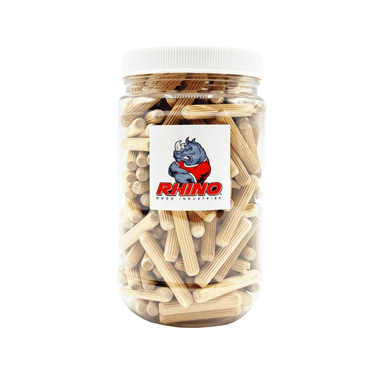 Rhino Wood Industries - 1/4" x 1 1/2" - 200 Pack Wooden Dowel Pins in Plastic Jar - Kiln Dried, Fluted, and Beveled (1/4" x 1 1/2", 200pk, Jar)