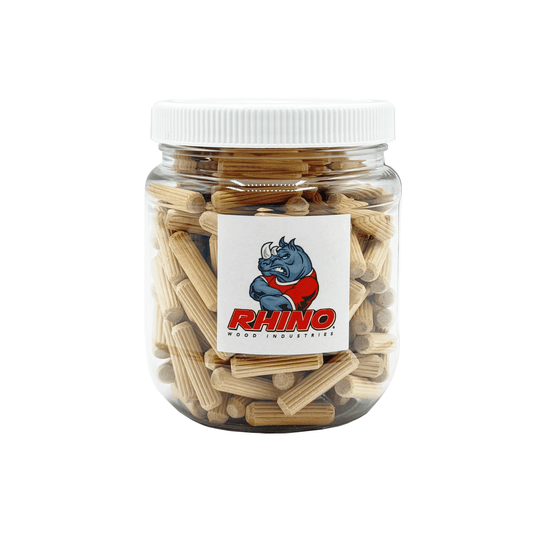 Rhino Wood Industries - 1/4" x 1" - 200 Pack Wooden Dowel Pins in Plastic Jar - Kiln Dried, Fluted, and Beveled (1/4" x 1", 200pk, Jar)