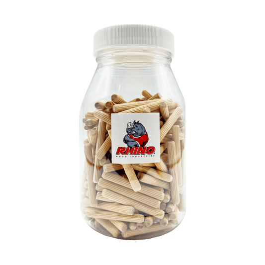 Rhino Wood Industries - 1/4" x 2" - 200 Pack Wooden Dowel Pins in Plastic Jar - Kiln Dried, Fluted, and Beveled (1/4" x 2", 200pk, Jar)