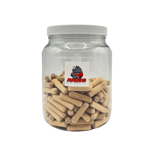 Rhino Wood Industries - 3/8" x 1 1/2" - 200 Pack Wooden Dowel Pins in Plastic Jar - Kiln Dried, Fluted, and Beveled (3/8" x 1 1/2", 200pk, Jar)