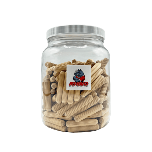 Rhino Wood Industries - 3/8" x 2" - 200 Pack Wooden Dowel Pins in Plastic Jar - Kiln Dried, Fluted, and Beveled (3/8" x 2", 200pk, Jar)