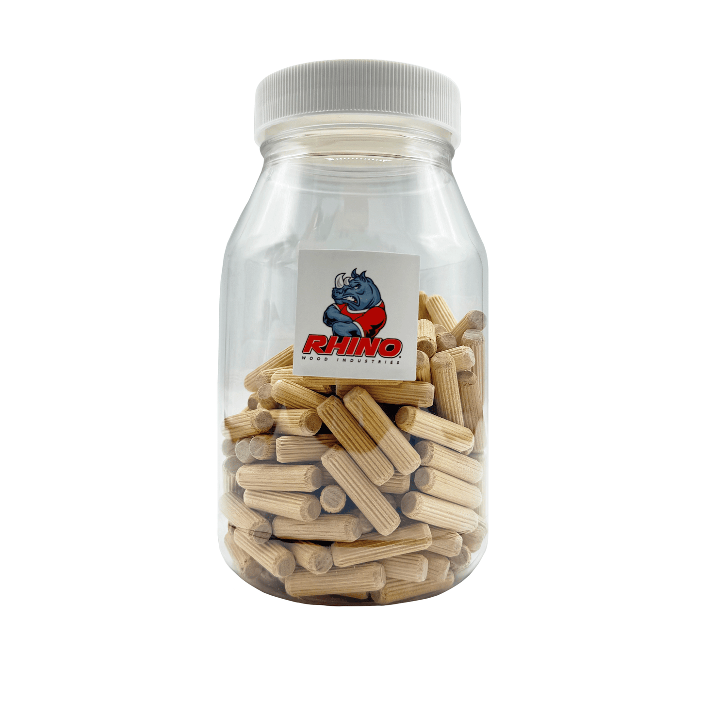 Rhino Wood Industries - 5/16" x 1 3/16" - 200 Pack Wooden Dowel Pins in Plastic Jar - Kiln Dried, Fluted, and Beveled (5/16" x 1 3/16", 200pk, Jar)