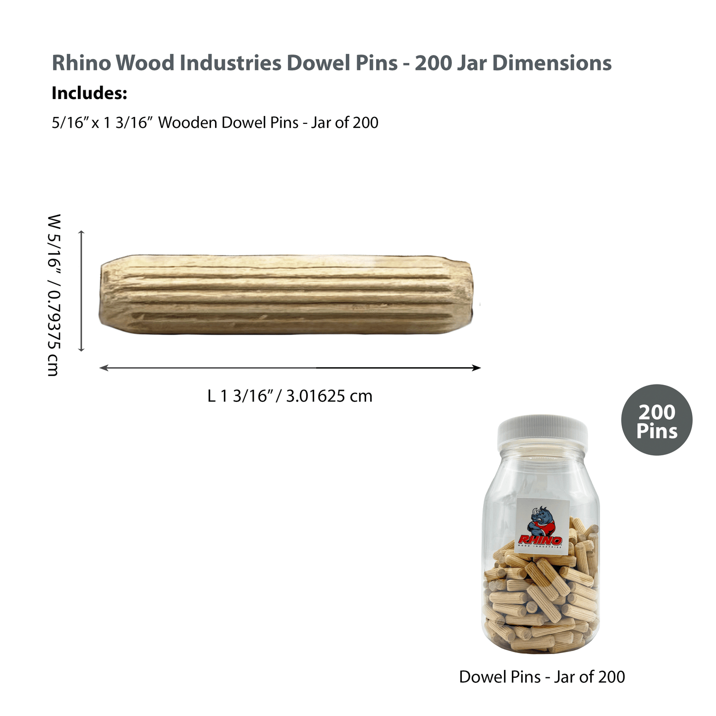 Rhino Wood Industries - 5/16" x 1 3/16" - 200 Pack Wooden Dowel Pins in Plastic Jar - Kiln Dried, Fluted, and Beveled (5/16" x 1 3/16", 200pk, Jar)