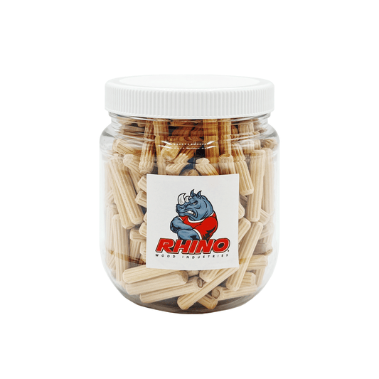 Rhino Wood Industries - 15/64" x 1 1/4" - 200 Pack Wooden Dowel Pins in Plastic Jar - Kiln Dried, Fluted, and Beveled (6mm, 200pk, Jar)
