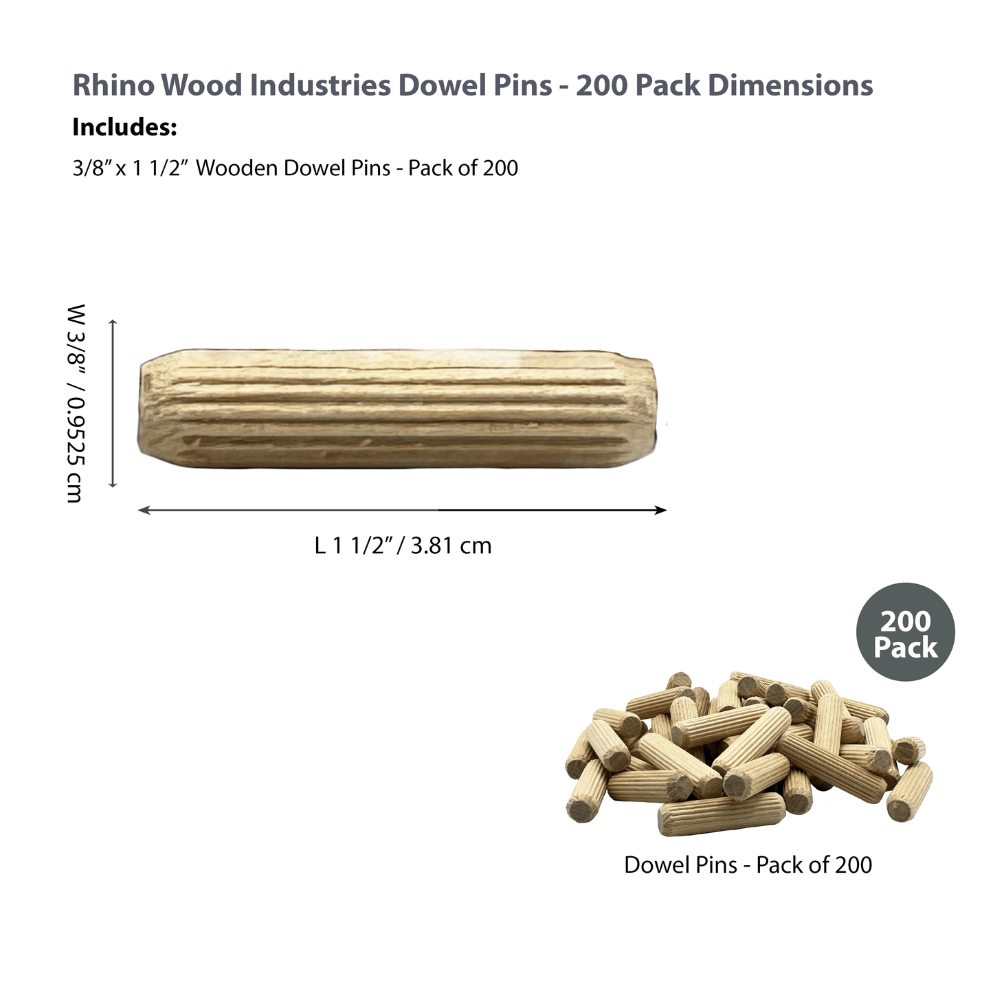Rhino Wood Industries - 3/8" x 1 1/2" - 200 Pack Wooden Dowel Pins - Kiln Dried, Fluted, and Beveled (3/8" x 1 1/2", 200pk)