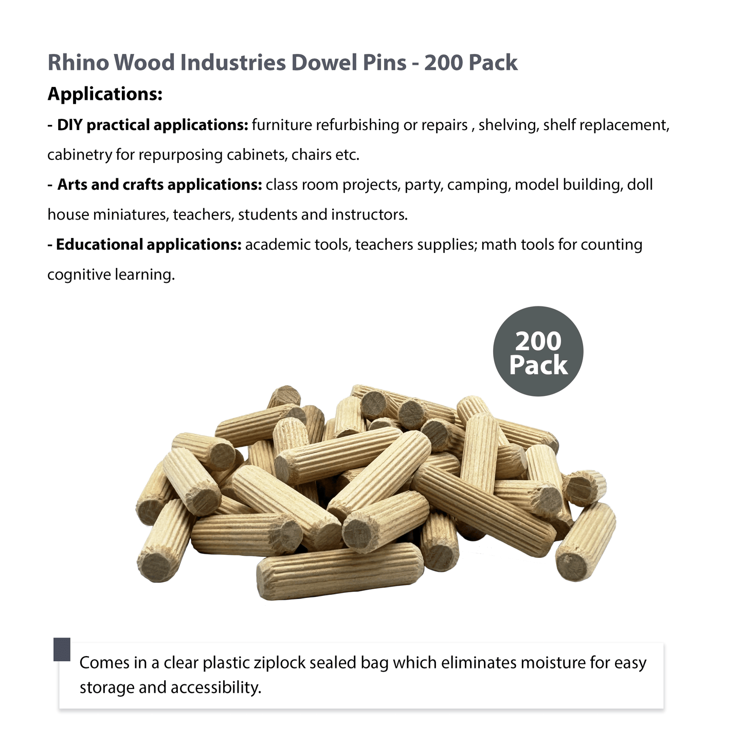 Rhino Wood Industries - 3/8" x 1 1/2" - 200 Pack Wooden Dowel Pins - Kiln Dried, Fluted, and Beveled (3/8" x 1 1/2", 200pk)
