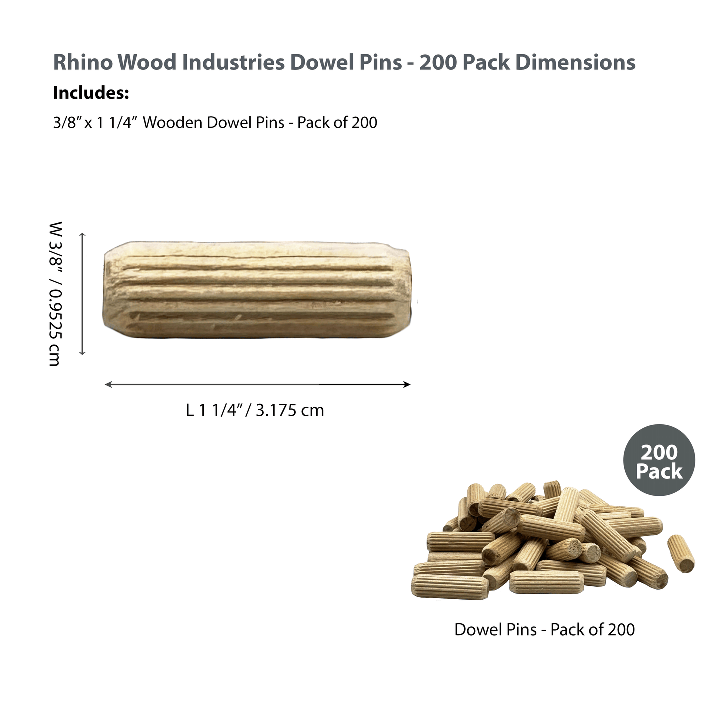 Rhino Wood Industries - 3/8" x 1 1/4" - 200 Pack Wooden Dowel Pins - Kiln Dried, Fluted, and Beveled (3/8" x 1 1/4", 200pk)