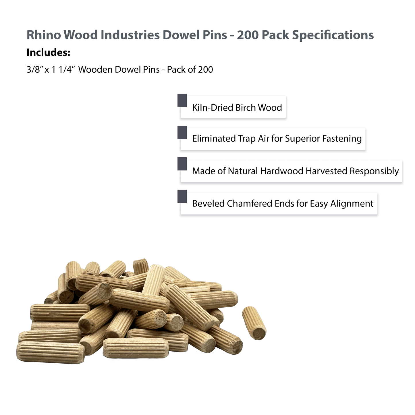 Rhino Wood Industries - 3/8" x 1 1/4" - 200 Pack Wooden Dowel Pins - Kiln Dried, Fluted, and Beveled (3/8" x 1 1/4", 200pk)