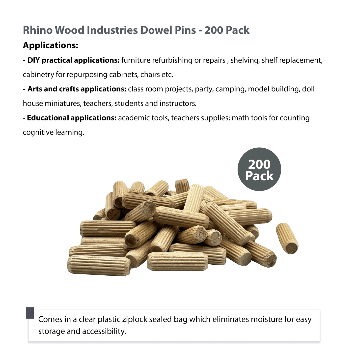Rhino Wood Industries - 3/8" x 1 1/4" - 200 Pack Wooden Dowel Pins - Kiln Dried, Fluted, and Beveled (3/8" x 1 1/4", 200pk)