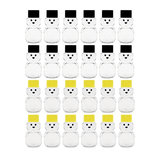 Clearview Containers - 2 Ounce Honey Bears with Sealable Black and Yellow Screw Top Lids - 24 Pack (2 oz. Bear, 24pk, Black/Yellow)