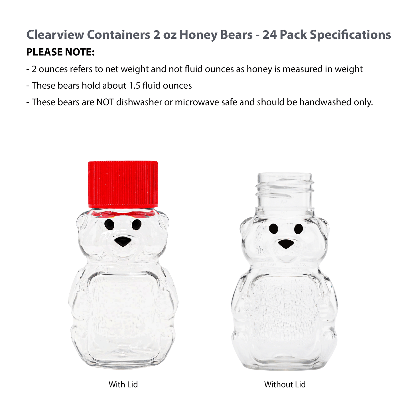 Clearview Container 24 Pack Honey bear with Screw cap Lid Plastic Squeeze Bear 2 oz with Cap (red)