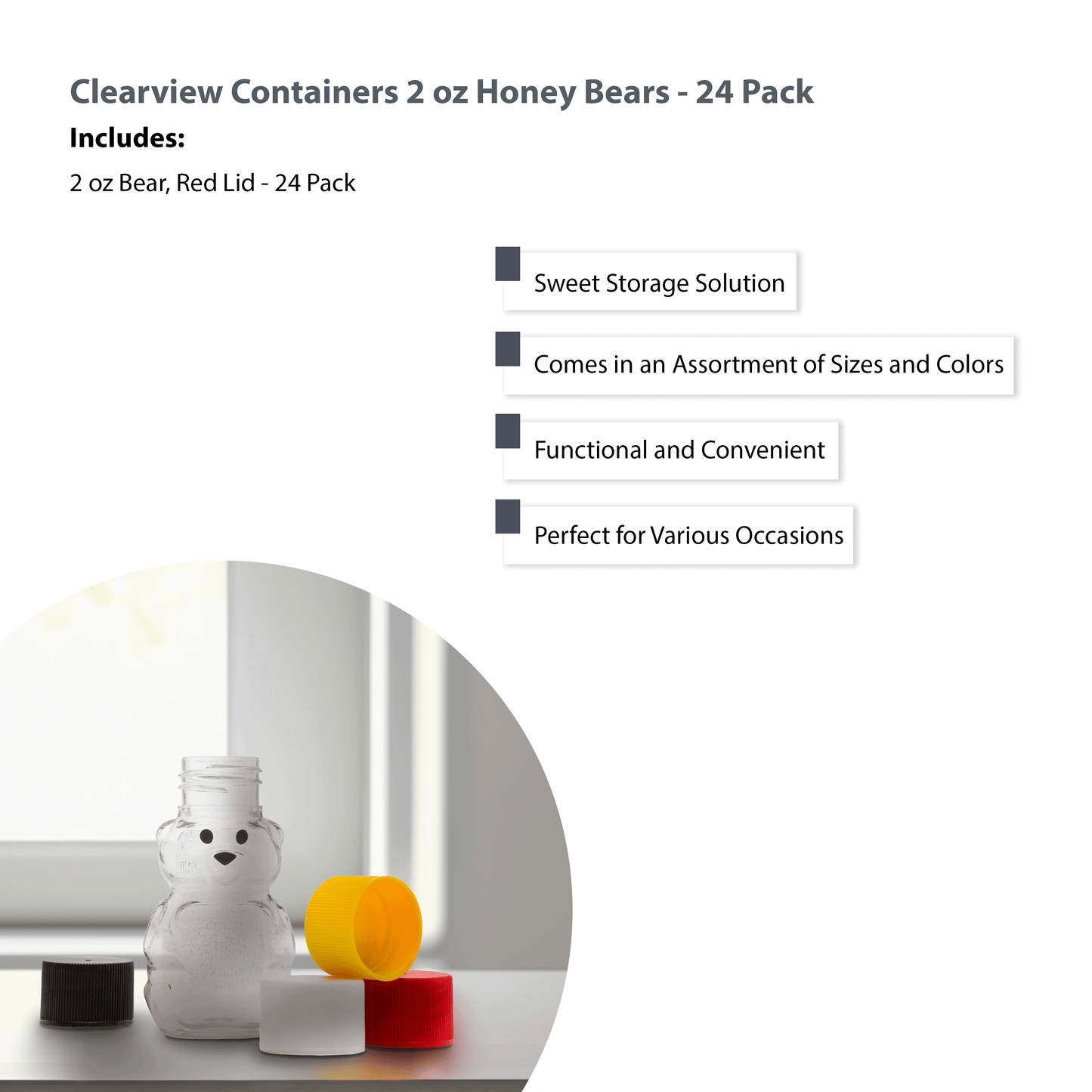 Clearview Container 24 Pack Honey bear with Screw cap Lid Plastic Squeeze Bear 2 oz with Cap (red)