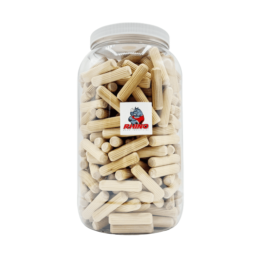 Rhino Wood Industries - 1/2" x 2" - 300 Pack Wooden Dowel Pins in Plastic Jar - Kiln Dried, Fluted, and Beveled (1/2" x 2", 300pk, Jar)