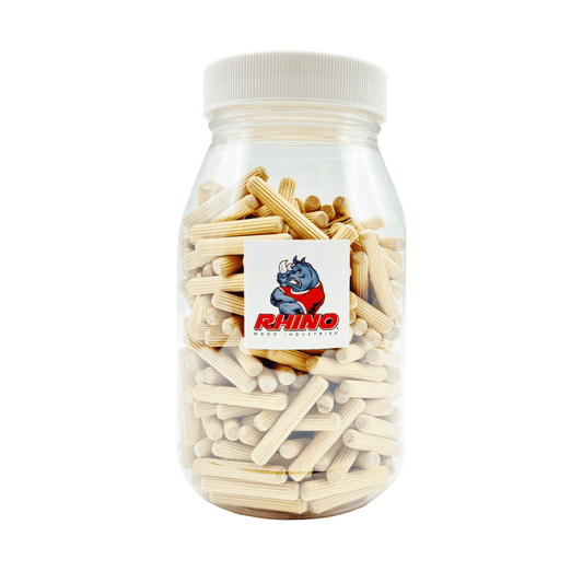 Rhino Wood Industries - 1/4" x 1 1/2" - 300 Pack Wooden Dowel Pins in Plastic Jar - Kiln Dried, Fluted, and Beveled (1/4" x 1 1/2", 300pk, Jar)