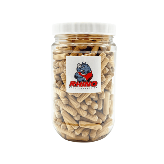 Rhino Wood Industries - 1/4" x 1" - 300 Pack Wooden Dowel Pins in Plastic Jar - Kiln Dried, Fluted, and Beveled (1/4" x 1", 300pk, Jar)