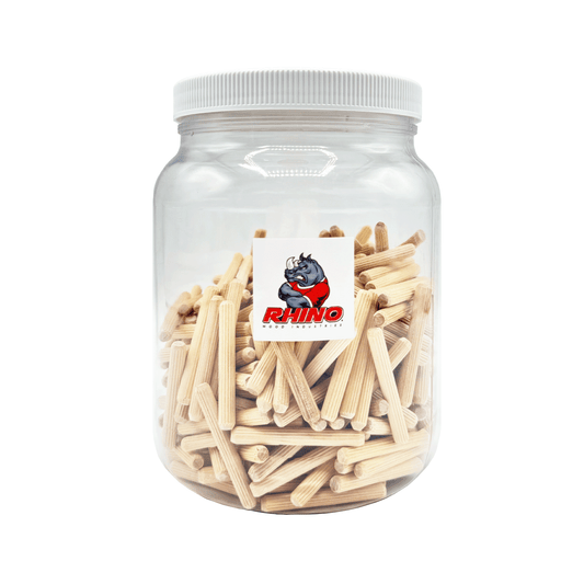 Rhino Wood Industries - 1/4" x 2" - 300 Pack Wooden Dowel Pins in Plastic Jar - Kiln Dried, Fluted, and Beveled (1/4" x 2", 300pk, Jar)