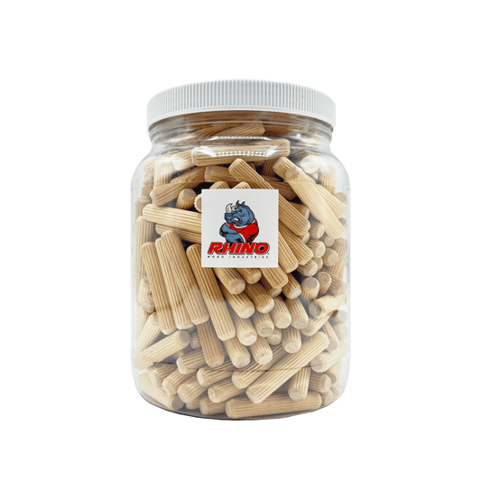 Rhino Wood Industries - 3/8" x 2" - 300 Pack Wooden Dowel Pins in Plastic Jar - Kiln Dried, Fluted, and Beveled (3/8" x 2", 300pk, Jar)