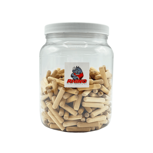 Rhino Wood Industries - 5/16" x 1 1/2" - 100 Pack Wooden Dowel Pins in Plastic Jar - Kiln Dried, Fluted, and Beveled (5/16" x 1 1/2", 100pk, Jar)