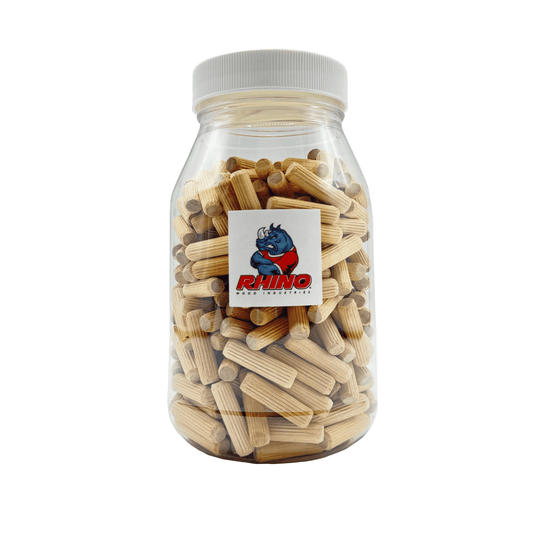Rhino Wood Industries - 5/16" x 1 3/16" - 300 Pack Wooden Dowel Pins in Plastic Jar - Kiln Dried, Fluted, and Beveled (5/16" x 1 3/16", 300pk, Jar)