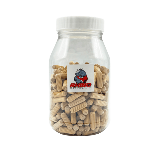 Rhino Wood Industries - 5/16" x 1" - 300 Pack Wooden Dowel Pins in Plastic Jar - Kiln Dried, Fluted, and Beveled (5/16" x 1", 300pk, Jar)