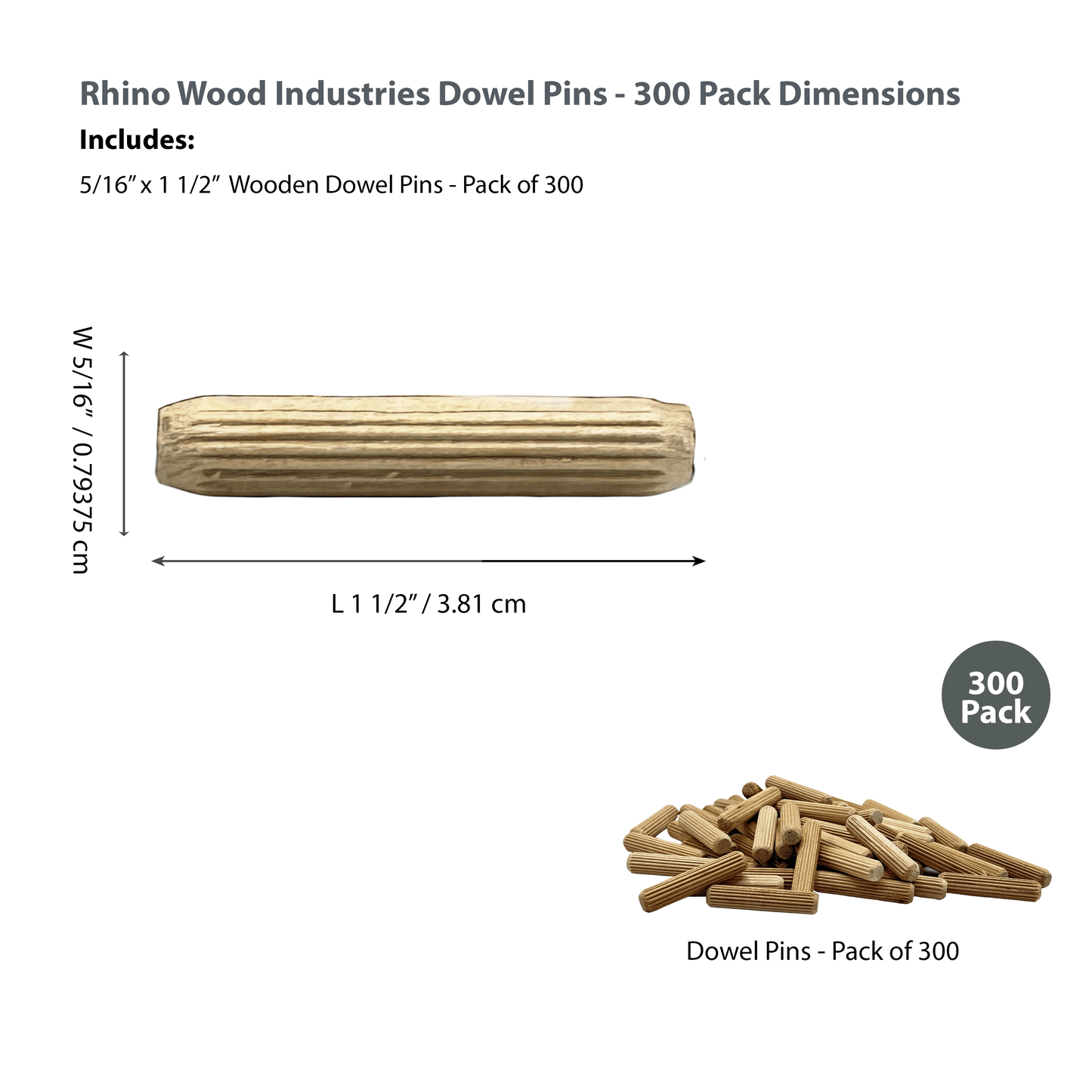 Rhino Wood Industries - 5/16" x 1 1/2" - 300 Pack Wooden Dowel Pins - Kiln Dried, Fluted, and Beveled (5/16" x 1 1/2", 300pk)
