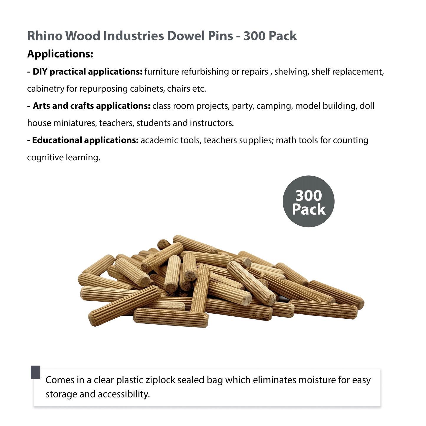 Rhino Wood Industries - 5/16" x 1 1/2" - 300 Pack Wooden Dowel Pins - Kiln Dried, Fluted, and Beveled (5/16" x 1 1/2", 300pk)