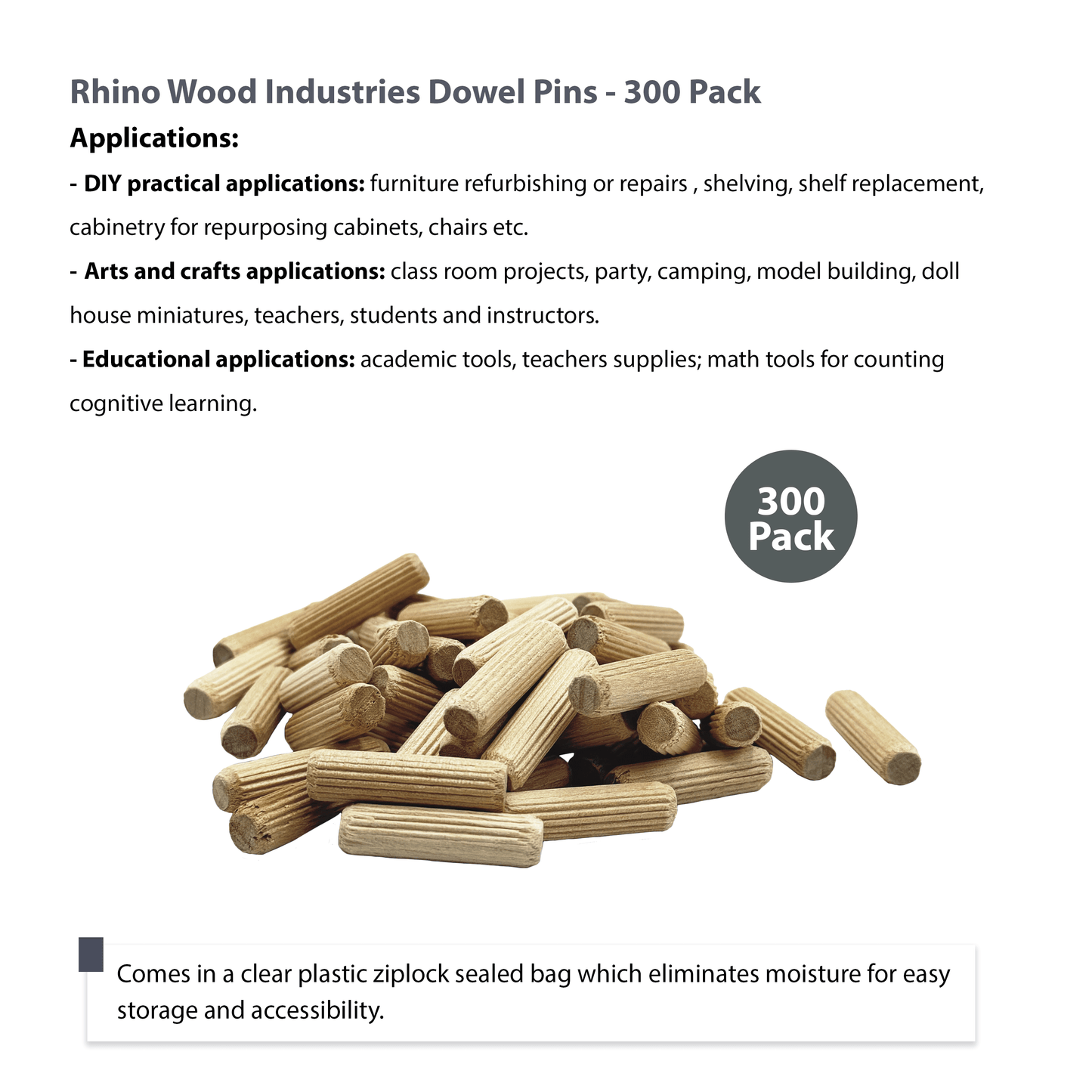 Rhino Wood Industries - 5/16" x 1 3/16" - 300 Pack Wooden Dowel Pins - Kiln Dried, Fluted, and Beveled (5/16" x 1 3/16", 300pk)
