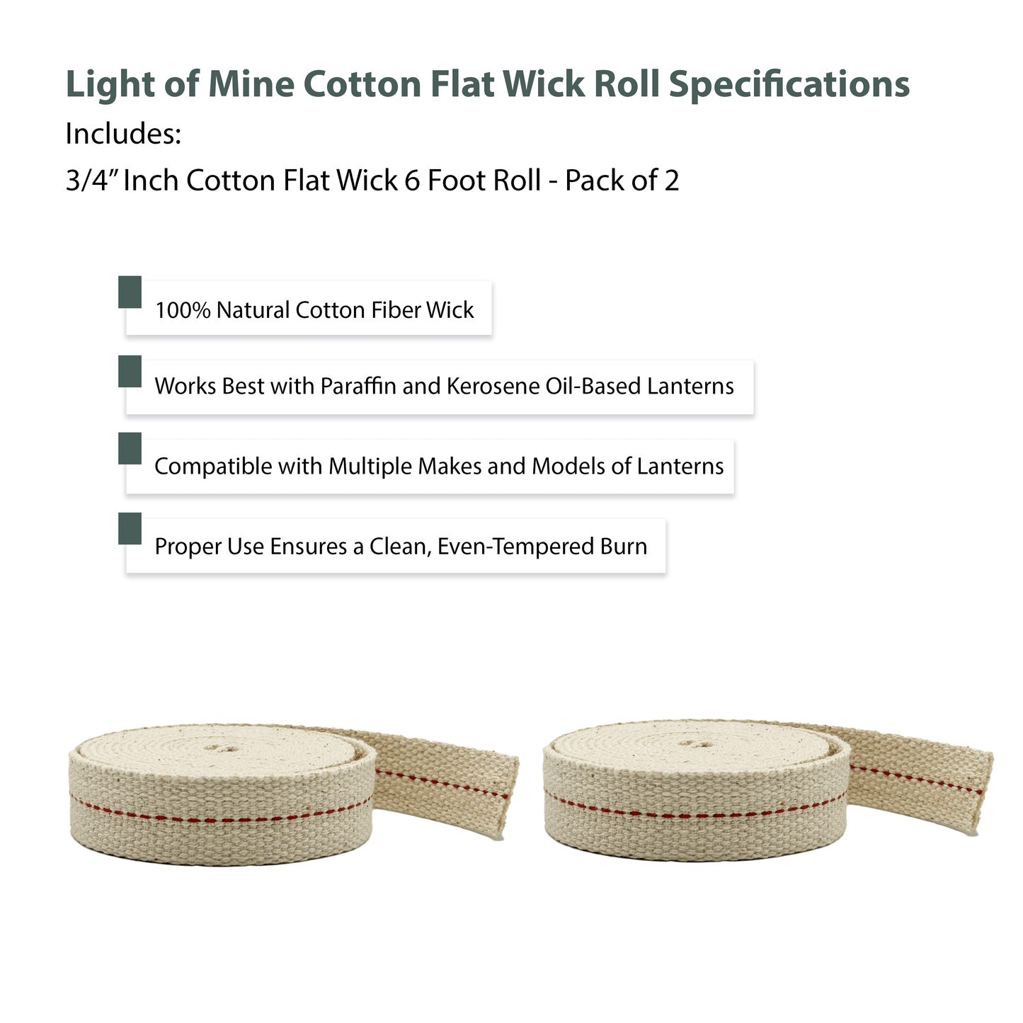 Light of Mine - 3/4" Inch 6' Foot, 100% Cotton Flat Wick - 2 Pack, for Paraffin Oil, Kerosene Based Lanterns, and Oil Lamps with Genuine Red Stitch (3/4" - 6' Roll, 2 Pack)