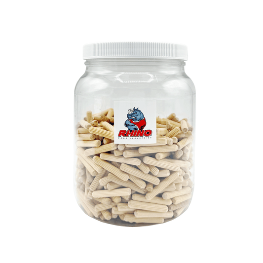 Rhino Wood Industries - 1/4" x 1 1/2" - 500 Pack Wooden Dowel Pins in Plastic Jar - Kiln Dried, Fluted, and Beveled (1/4" x 1 1/2", 500pk, Jar)
