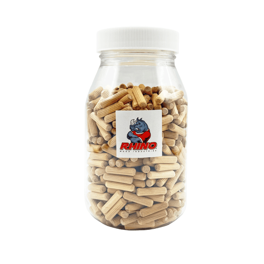 Rhino Wood Industries - 1/4" x 1" - 500 Pack Wooden Dowel Pins in Plastic Jar - Kiln Dried, Fluted, and Beveled (1/4" x 1", 500pk, Jar)