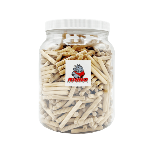 Rhino Wood Industries - 1/4" x 2" - 500 Pack Wooden Dowel Pins in Plastic Jar - Kiln Dried, Fluted, and Beveled (1/4" x 2", 500pk, Jar)