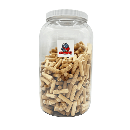 Rhino Wood Industries - 3/8" x 1 1/2" - 500 Pack Wooden Dowel Pins in Plastic Jar - Kiln Dried, Fluted, and Beveled (3/8" x 1 1/2", 500pk, Jar)