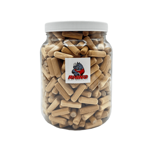Rhino Wood Industries - 3/8" x 1 1/4" - 500 Pack Wooden Dowel Pins in Plastic Jar - Kiln Dried, Fluted, and Beveled (3/8" x 1 1/4", 500pk, Jar)