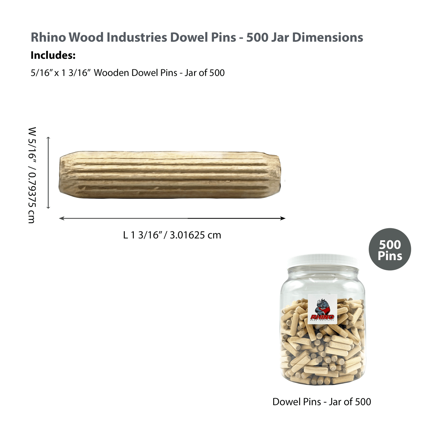 Rhino Wood Industries - 5/16" x 1 3/16" - 500 Pack Wooden Dowel Pins in Plastic Jar - Kiln Dried, Fluted, and Beveled (5/16" x 1 3/16", 500pk, Jar)